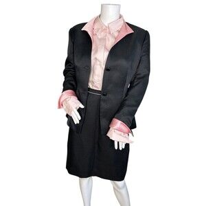 Vintage SUNNY CHOI Womens Black Skirt Suit Size 10 Silk Blend Pink Satin Trim